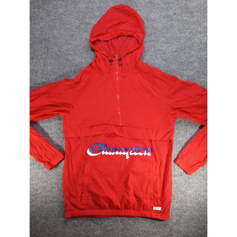 Champion Anorak Windbreaker Jacket Mens Small Red Big Logo Spellout Hooded
